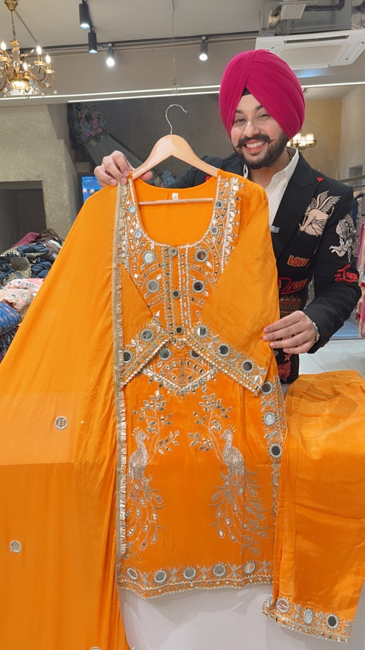 yellowish Orange Shimmer Organza Heavy Gota Peacock & Mirror Embroidered Kashmiri Suit