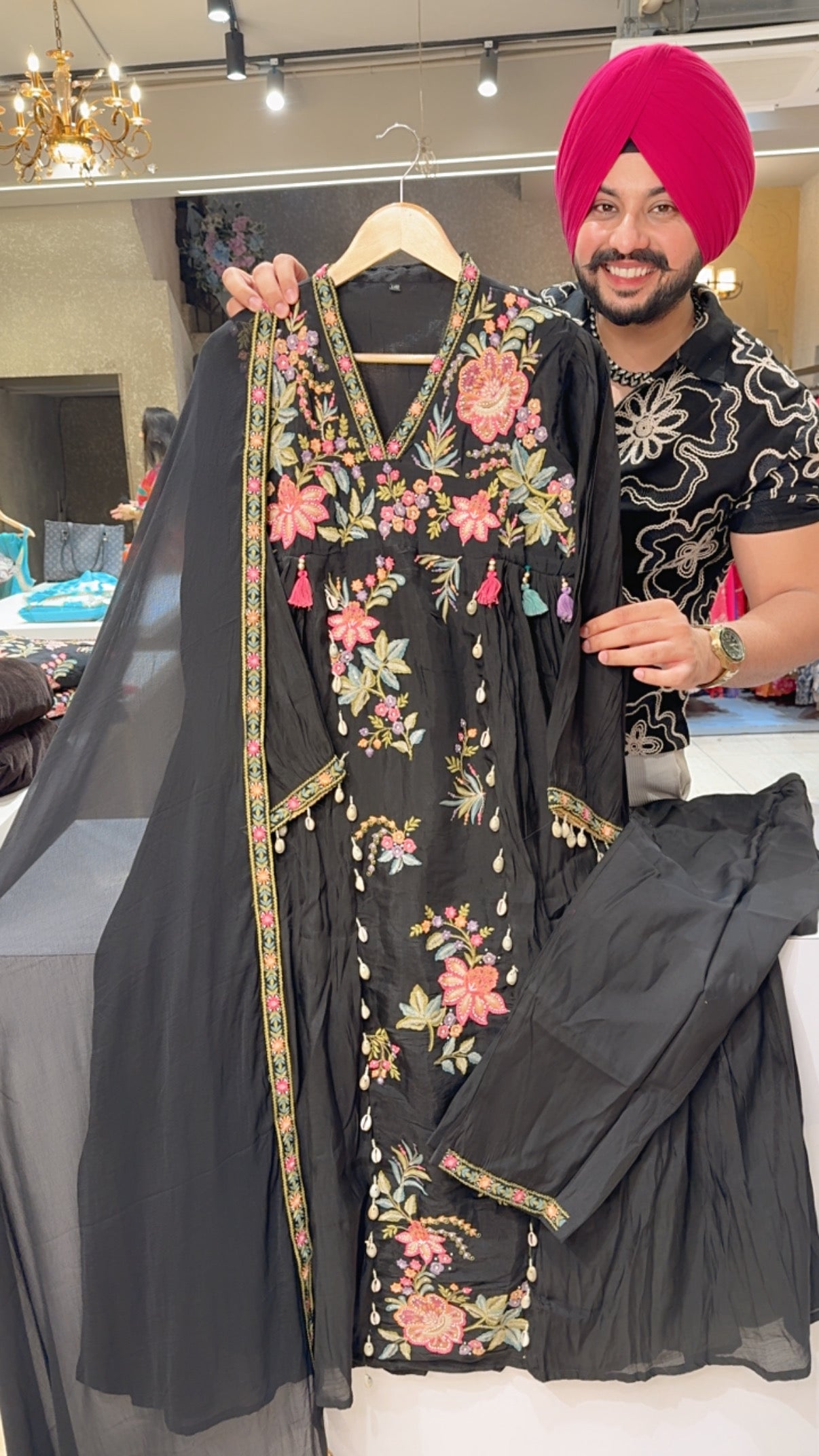 Matt Black viscose Crepe Heavy Embroidered & Shell Hangings Front Gattering Anarkali suit with Beautiful Chiffon Duppata