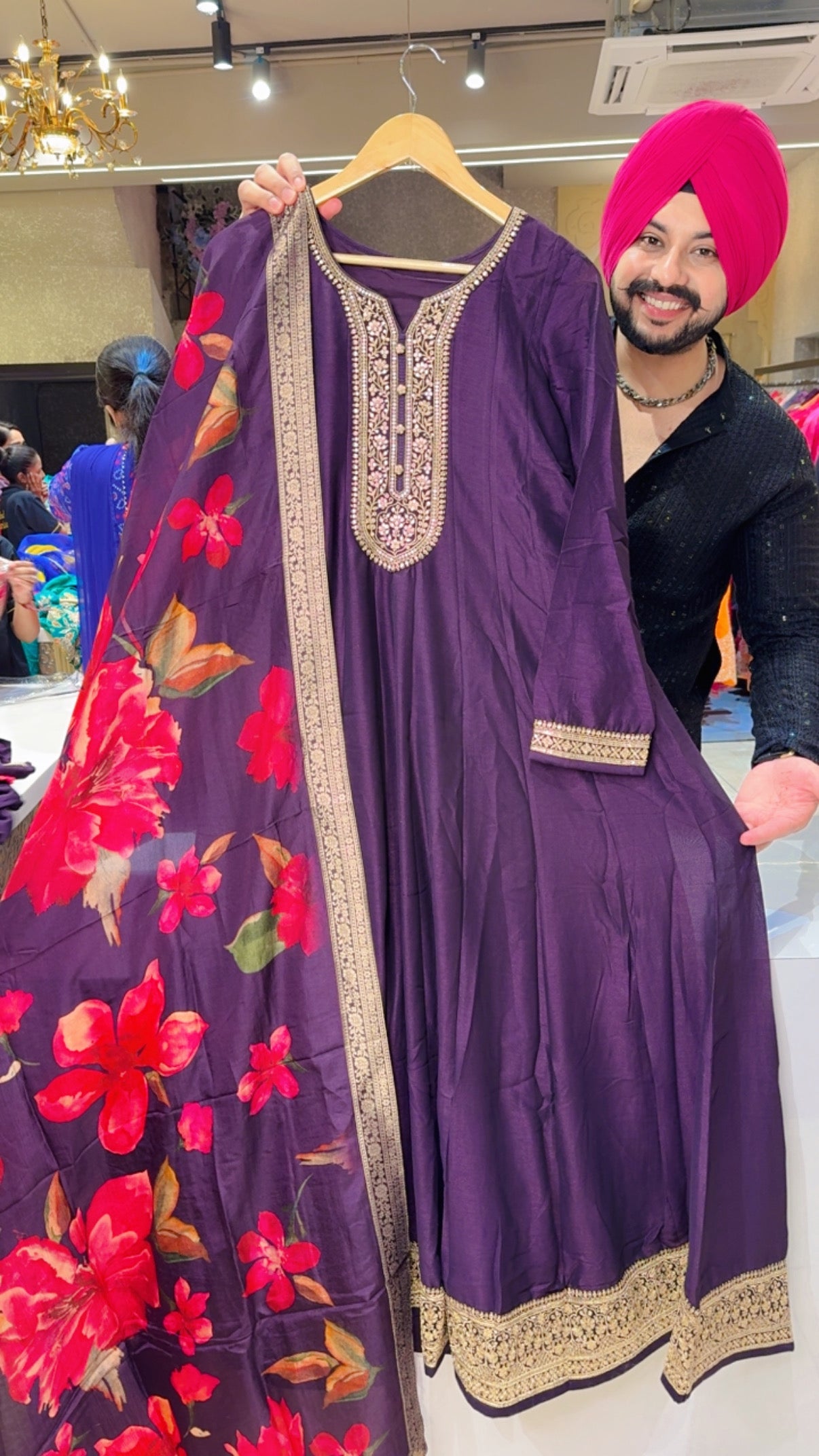 Dark Wine Premium Silk Embroidered Party Wear Anarkali Gown with Beautiful Floral print Silk Dupppata
