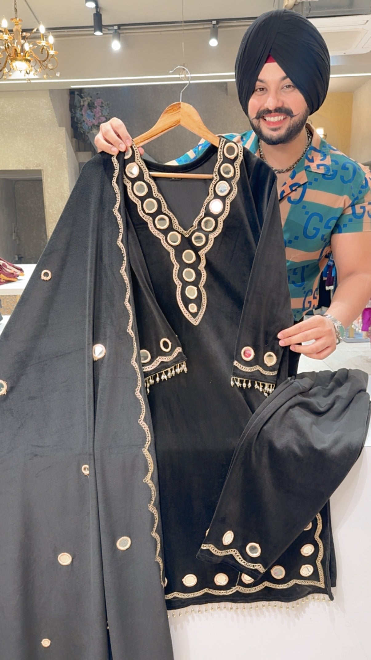 Black Velvet Fully Stretchable Mirror Work Straight Suit with Beautiful Duppata