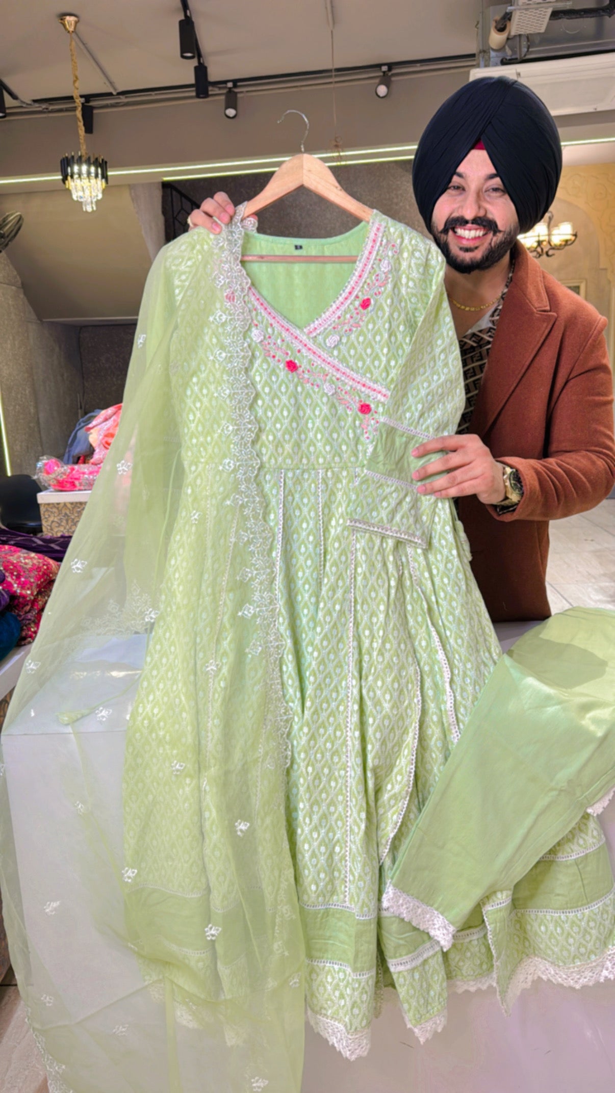 Pastel Green pure Cotton Fully embroidered & self Sequins Angrakha Side Slit Anarkali Suit