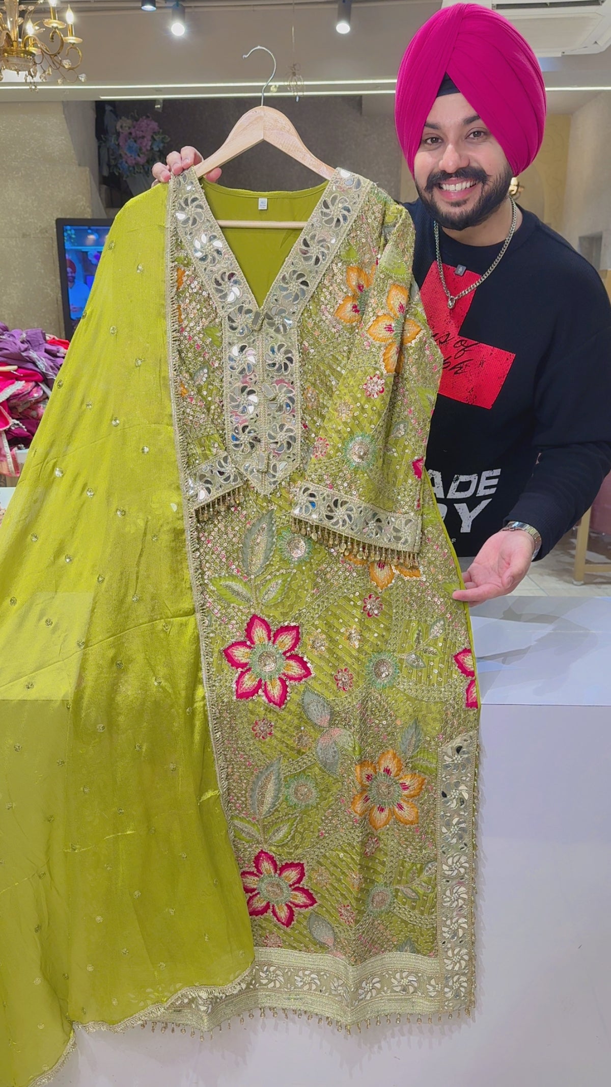 Bright Green Heavy Embroidered & Mirror Work Designer Kashmiri Choga sets