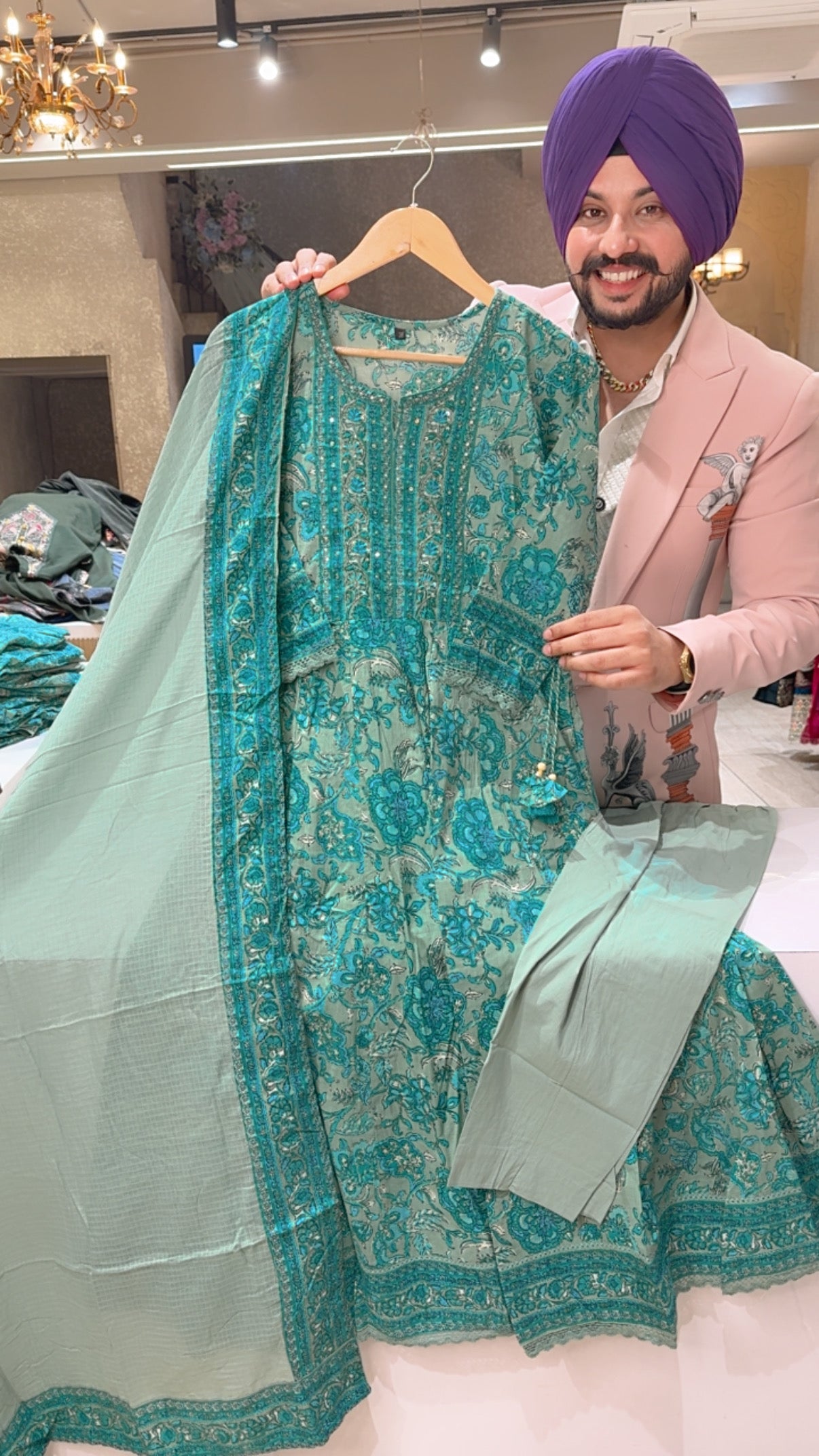 Light Sea Greaen Pure Cotton office Wear Anarkali Suit with Sleek Hand embroidered Work on Neck & Kota Doria Duppata