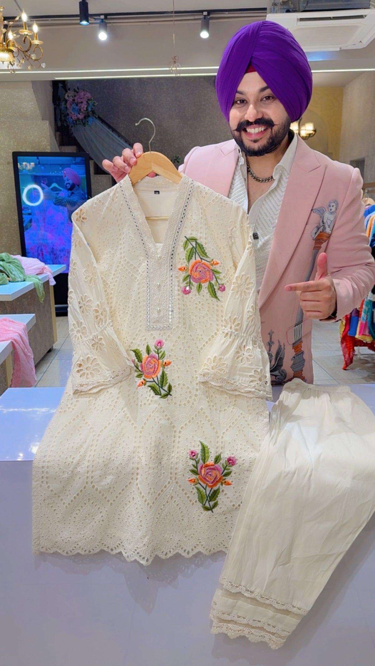 Off white Kora Cotton Shifli Chicken & Floral Embroidered Party wear Coord set