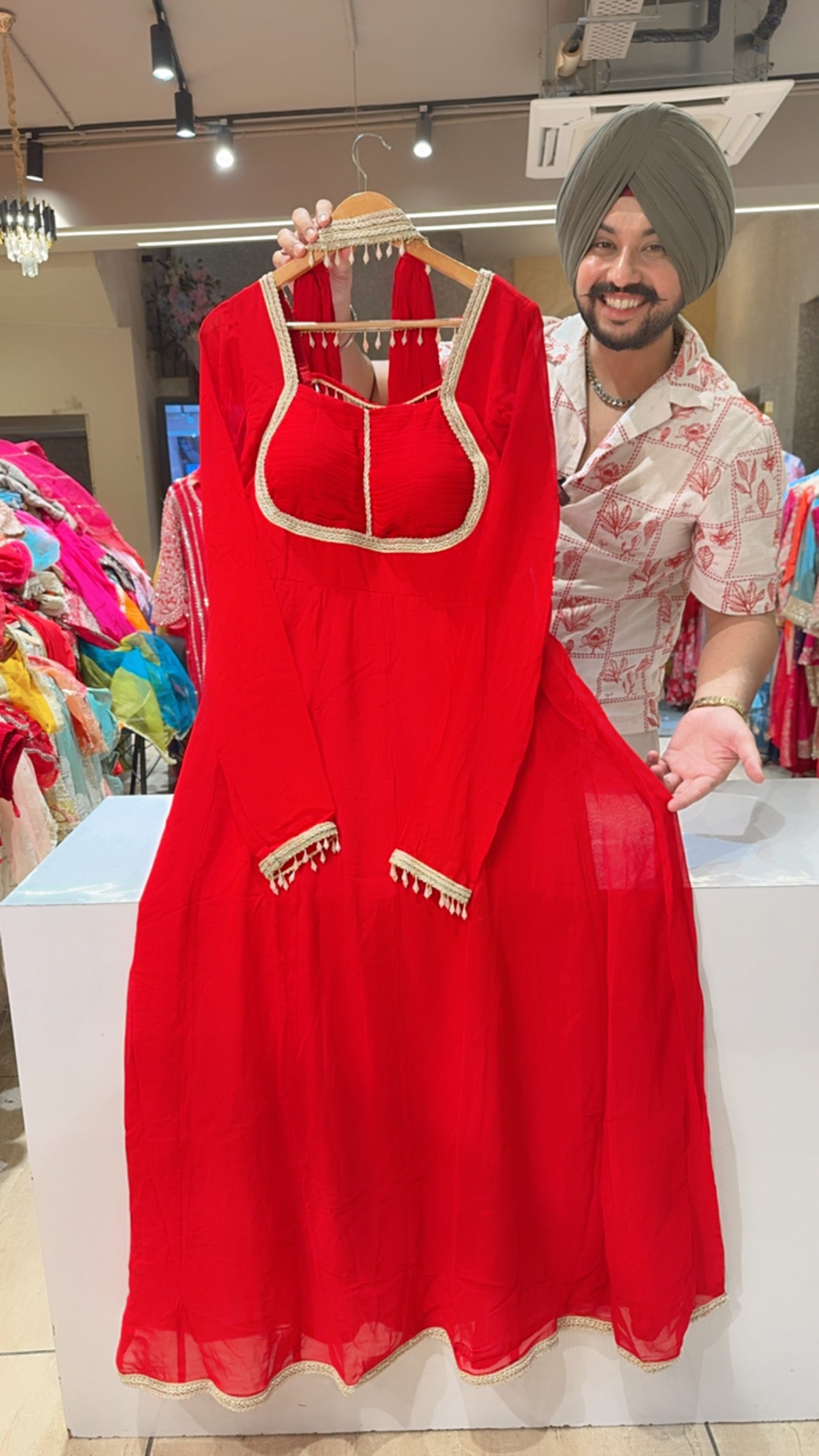 Vibrant Red Georgette Padded Designer Backless Anarkali Gown with Sleek Necklace Duppata