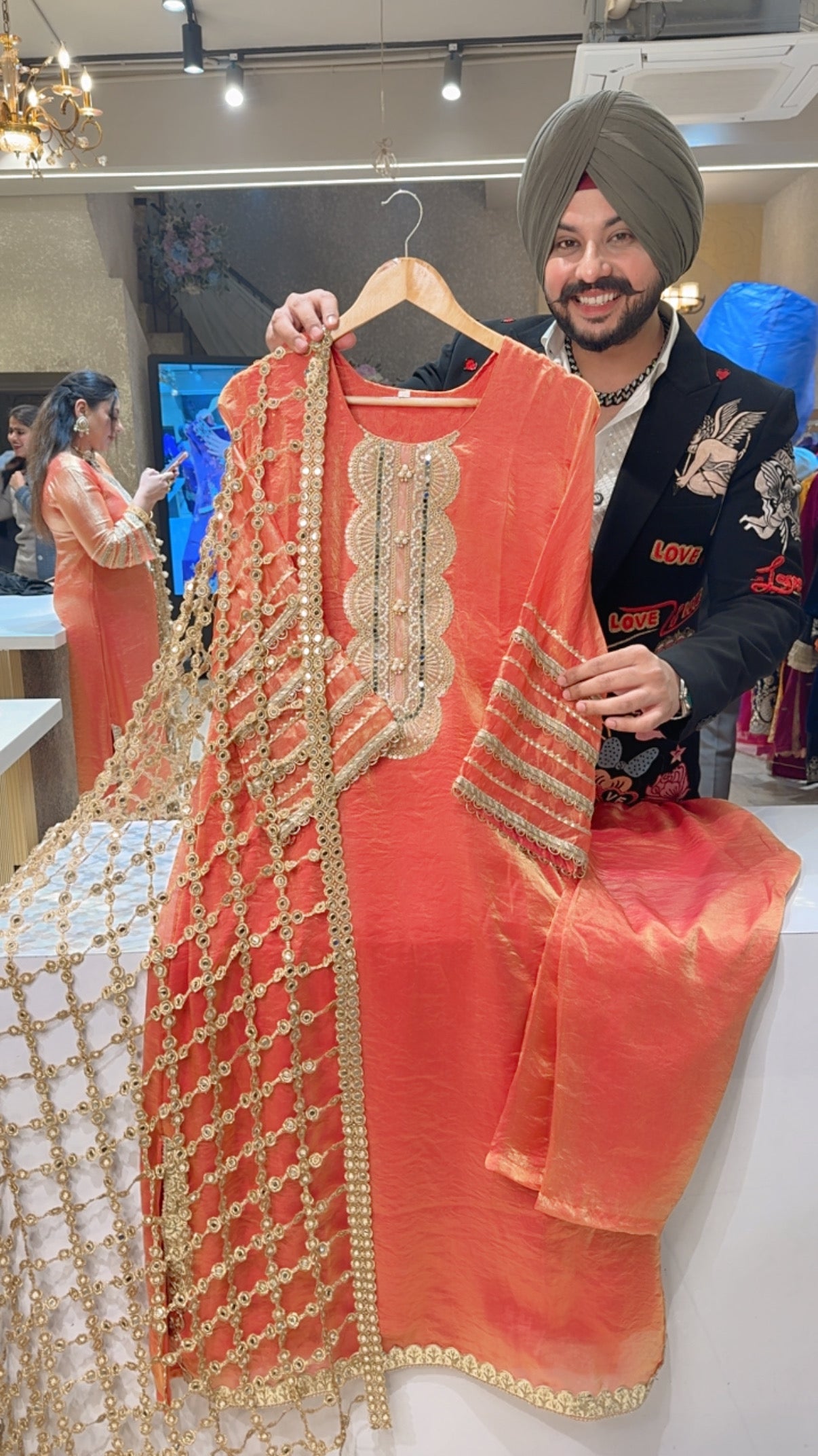 Peachish Orange Crush Shimmer Tissue Pearl Work Long Straight Kashmiri Suit with Designer Lace Duppata