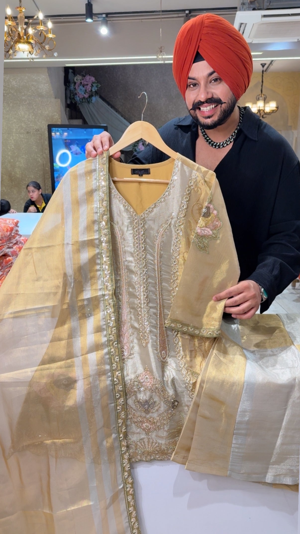 Golden Shimmer Silk Fully Hand embroidery & Pearl Work Party Wear Paplum Sharara suit