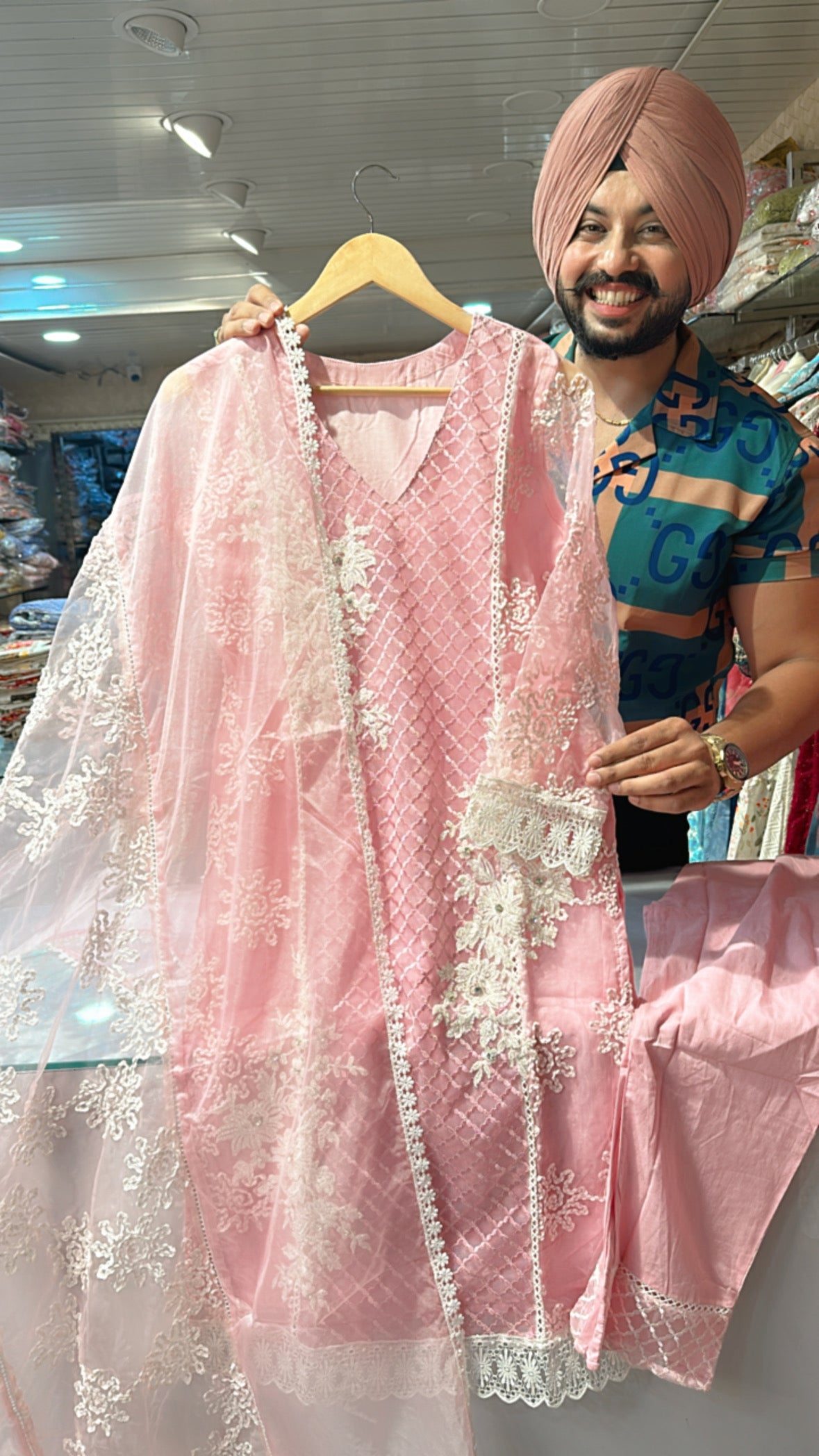 Pink organza & cotton Fully embroidered Straight Suit with Beautiful Duppata