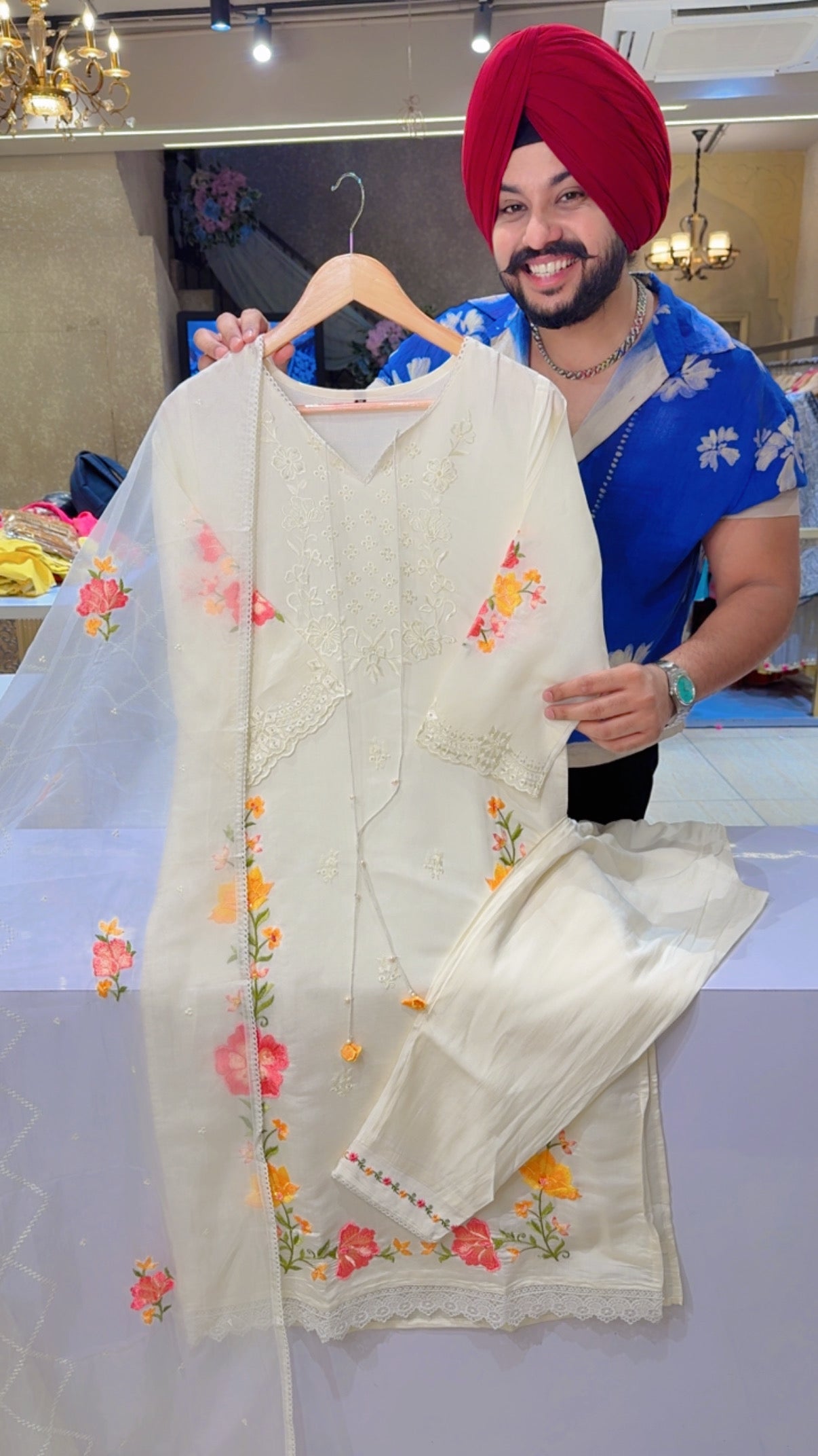 Off white Roman Silk Beautiful Floral Embroidered Straight Suit with Organza Embroidered Duppata