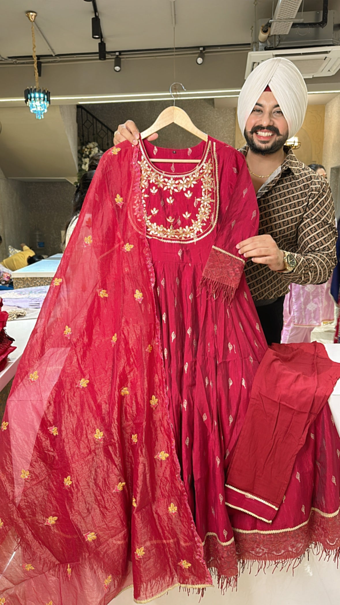 Reddish Maroon Roman Silk Full Flair Anarkali Suit with Shimmer tissue Duppata