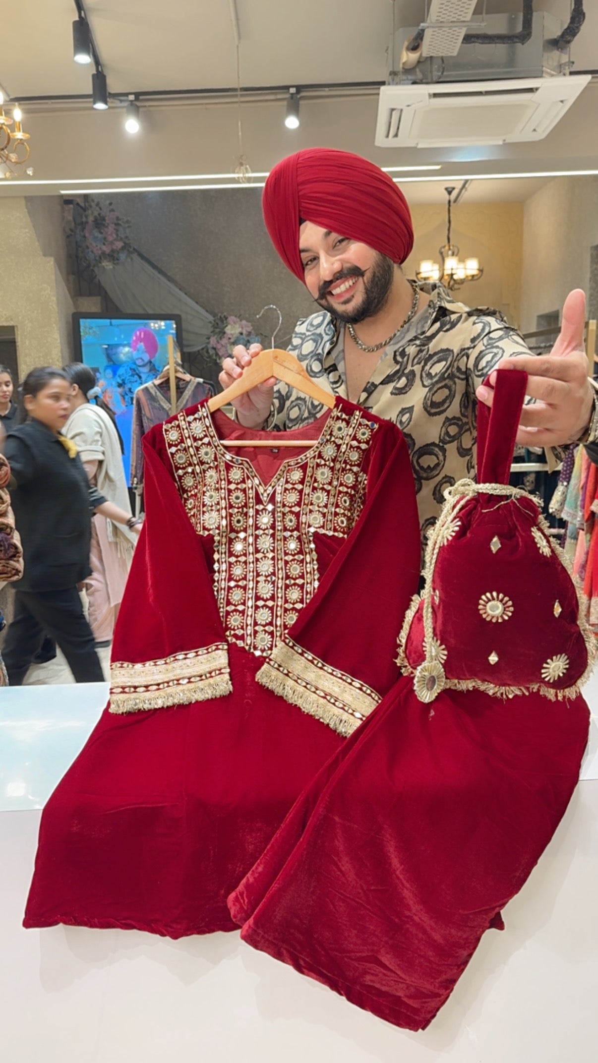 Reddish Maroon Velvet heavy Mirror & Gotta Work Party Wear Coord set with Cute Embroidered Potli