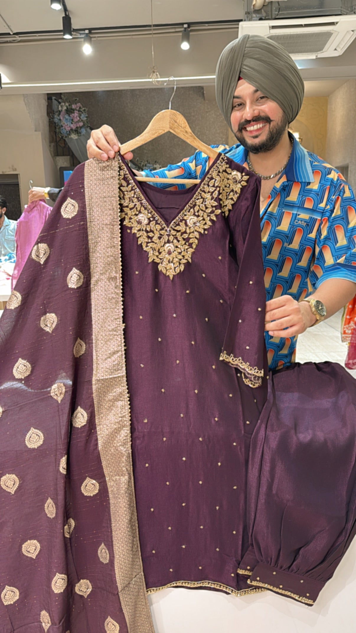 Wine Chinon Heavy hand embroidered Farshi Salwar suit with Banarasi look Duppata