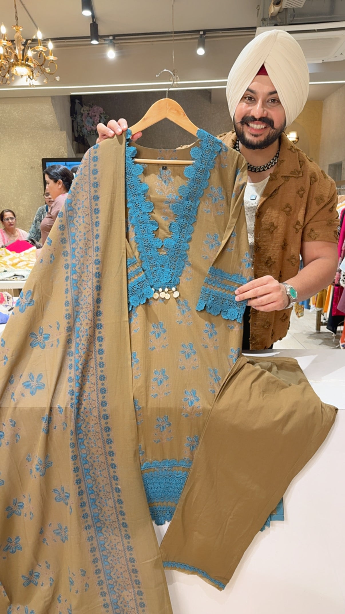 olive Brown Cotton Heavy Crochet work Kashmiri suit with Beautiful Duppata
