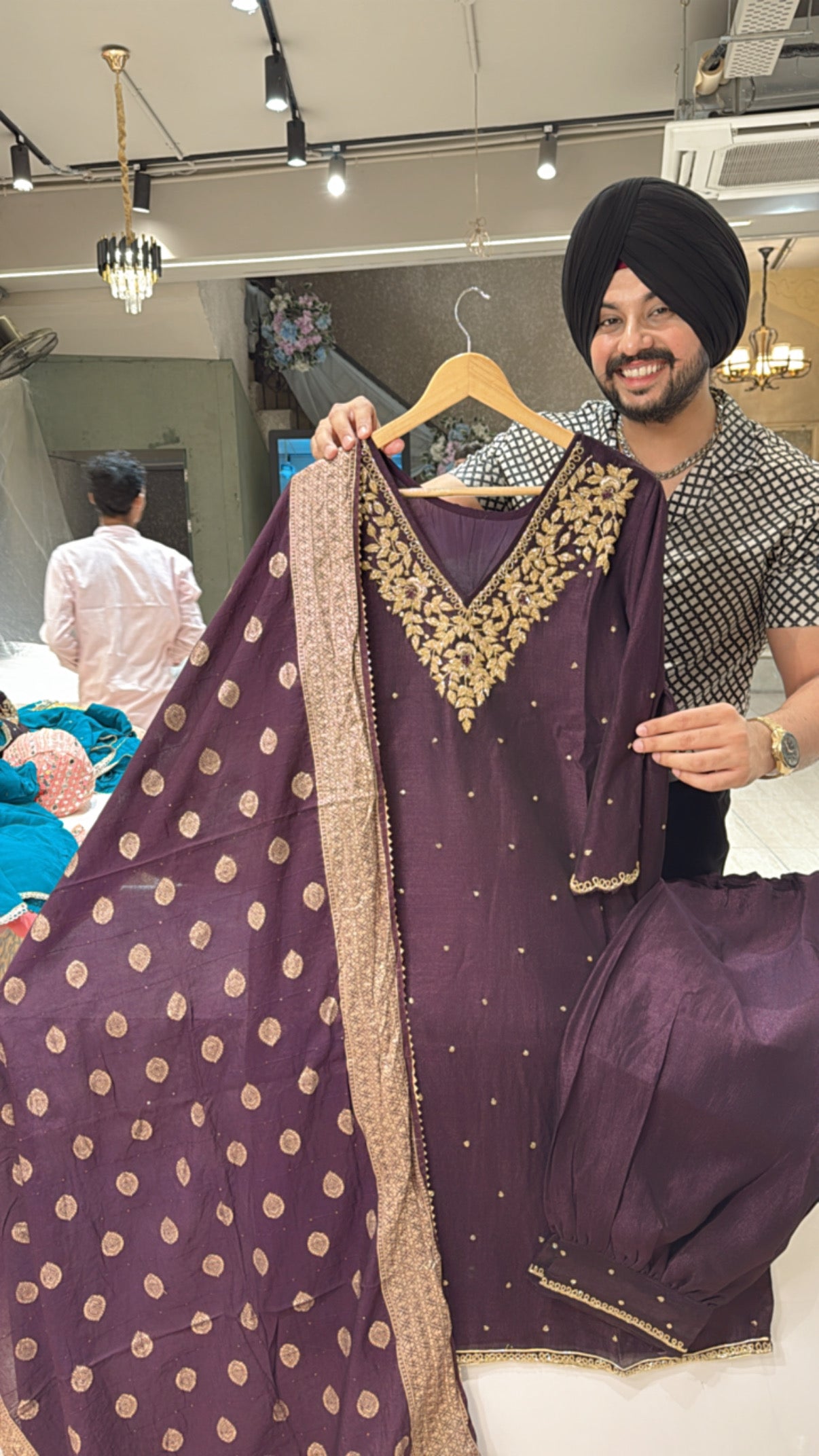 Wine Chinon Heavy hand embroidered Farshi Salwar suit with Banarasi look Duppata