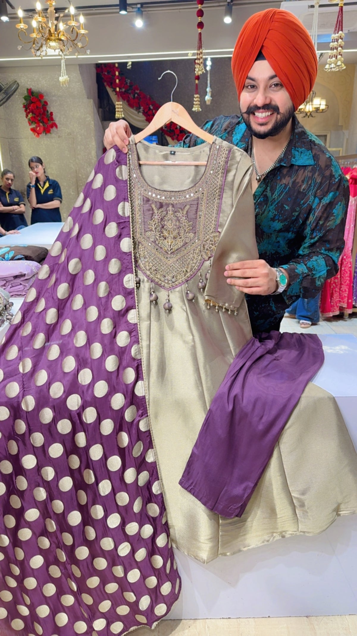 Purple Premium Giraff Silk Hand embroidered Anarkali Suit with Polka dots Silk Duppata