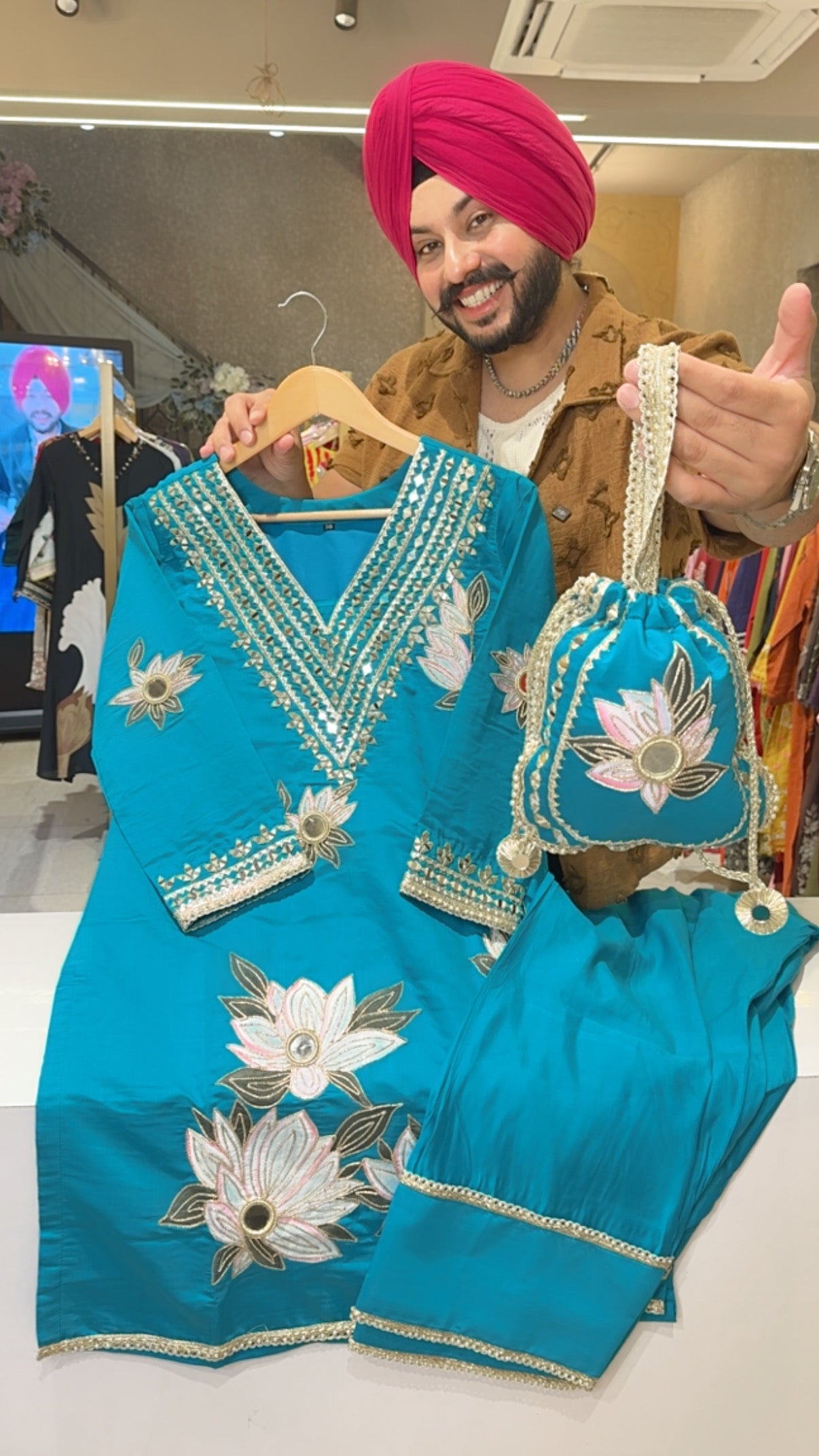 Firozi Silk Hand Hand painted & Mirror Work Farshi Salwar Coord set with Beautiful Potli