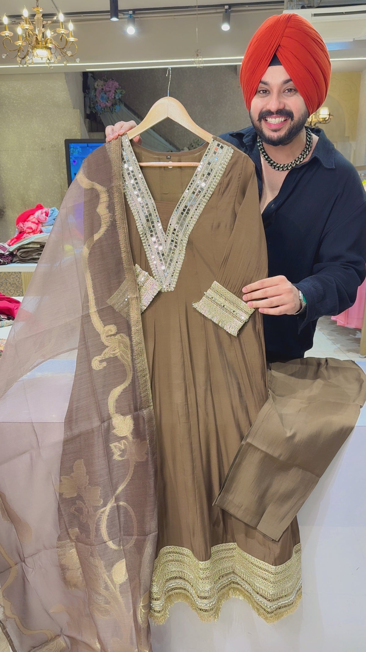 English Brown Mal Chanderi Mirror & Pearl Work Party wear Anarkali