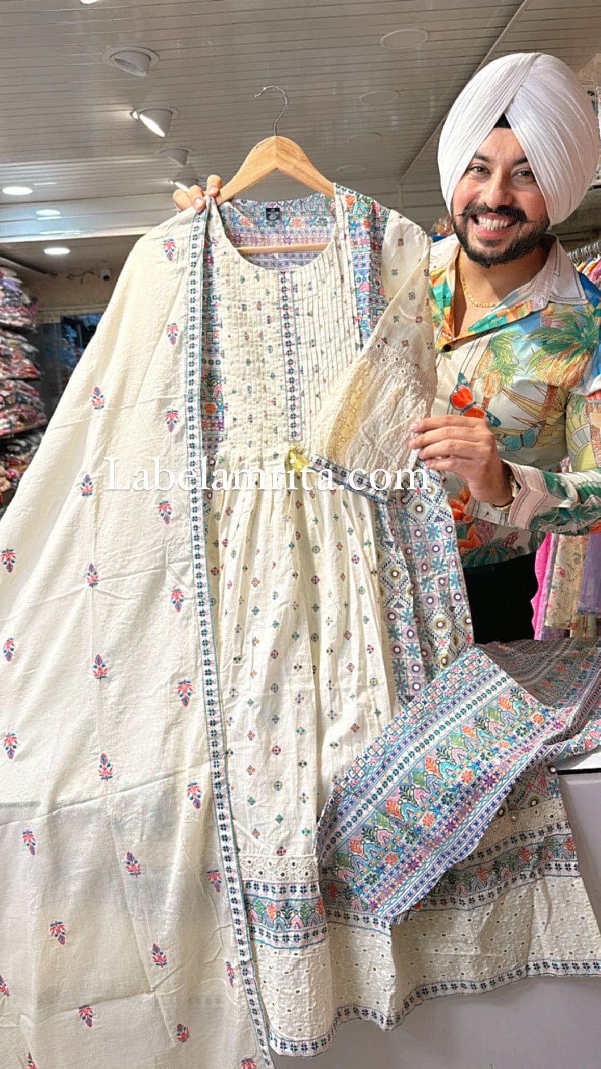 Moon white & multicolored Pure cotton Nyra cut Suit with Embroidered Duppata