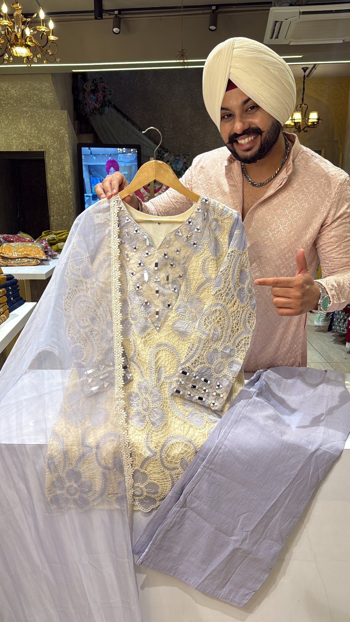 Lavender Colour kora Cotton Heavy Crochet & mirror work Indowestern Suits with Beautiful Organza Duppata IN