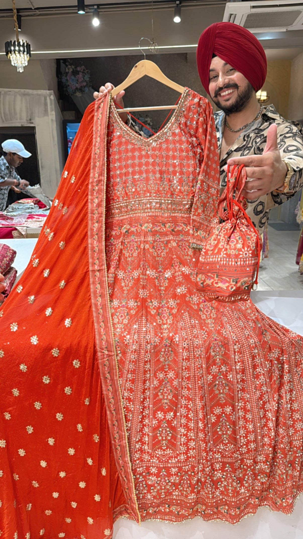 Orange Crepe Heavy Hand embroidered & Mirror Work Anarkali Gown with Beautiful Sequins work Duppata & Potli