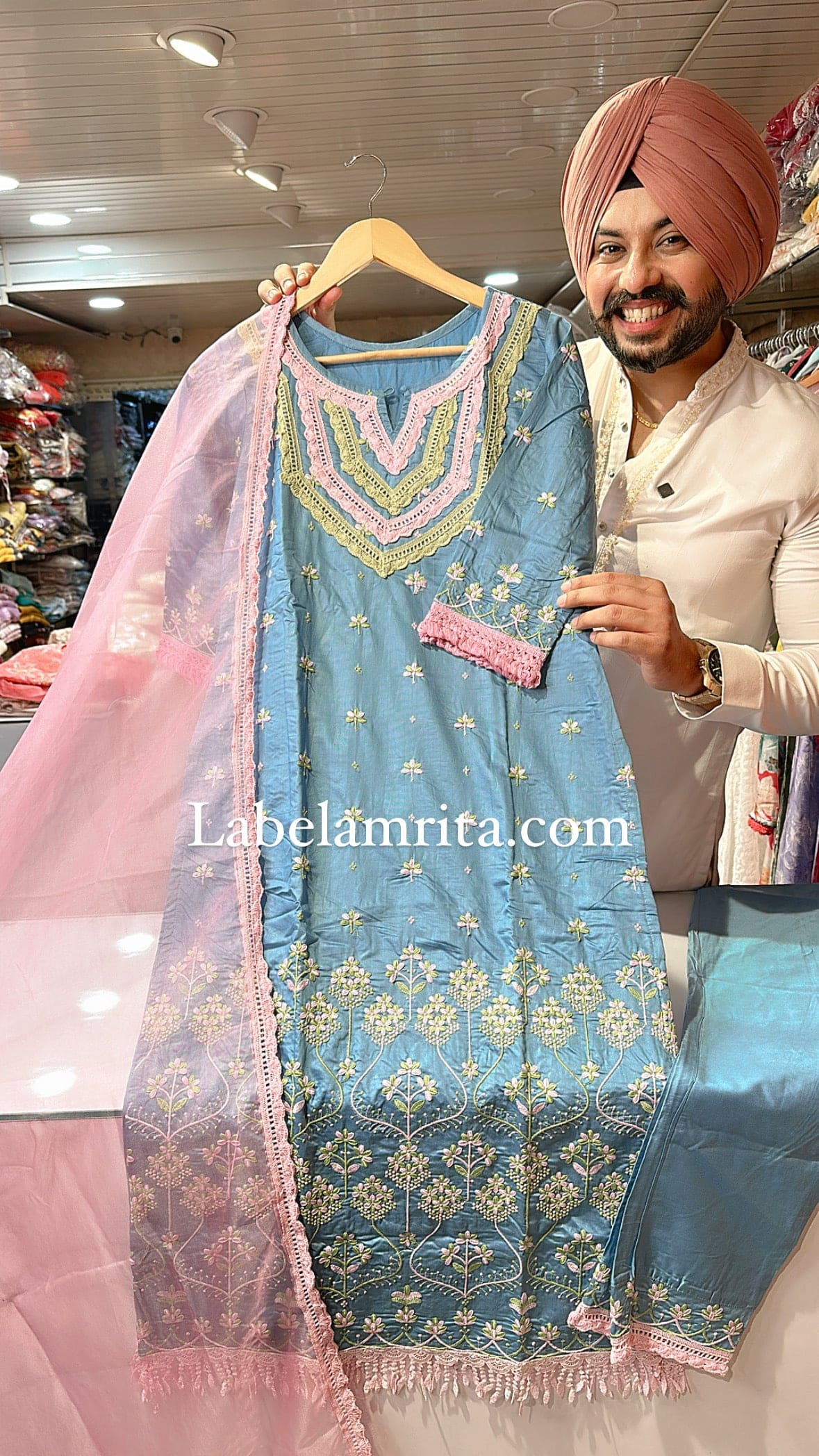 Light blue Roman silk Fully Embroidered Pakistani suit with Beautiful organza Duppata