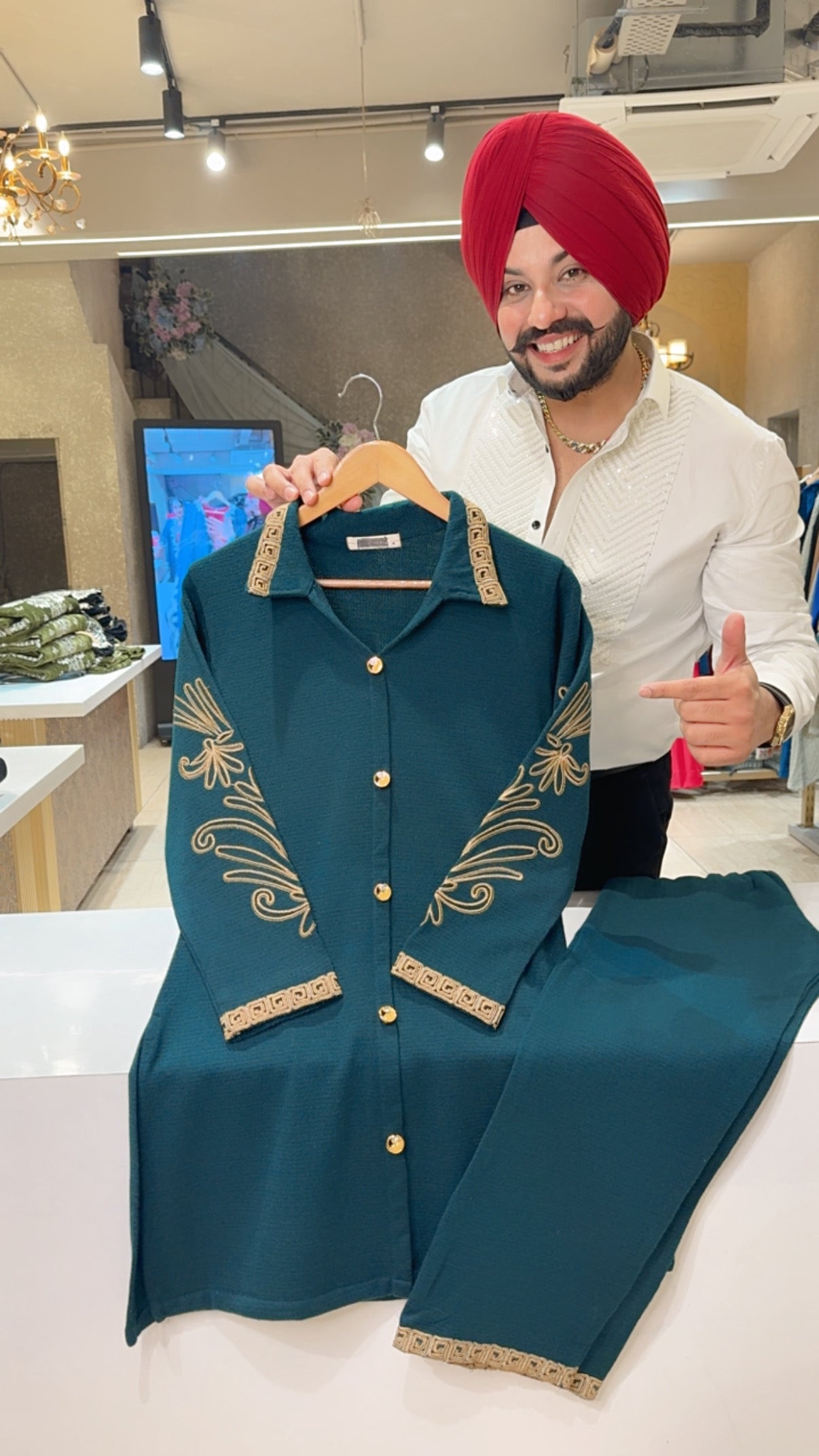 Peacock Collar Neck Semi Formal Woolen Coord set with Beautiful Work on collar & sleeves