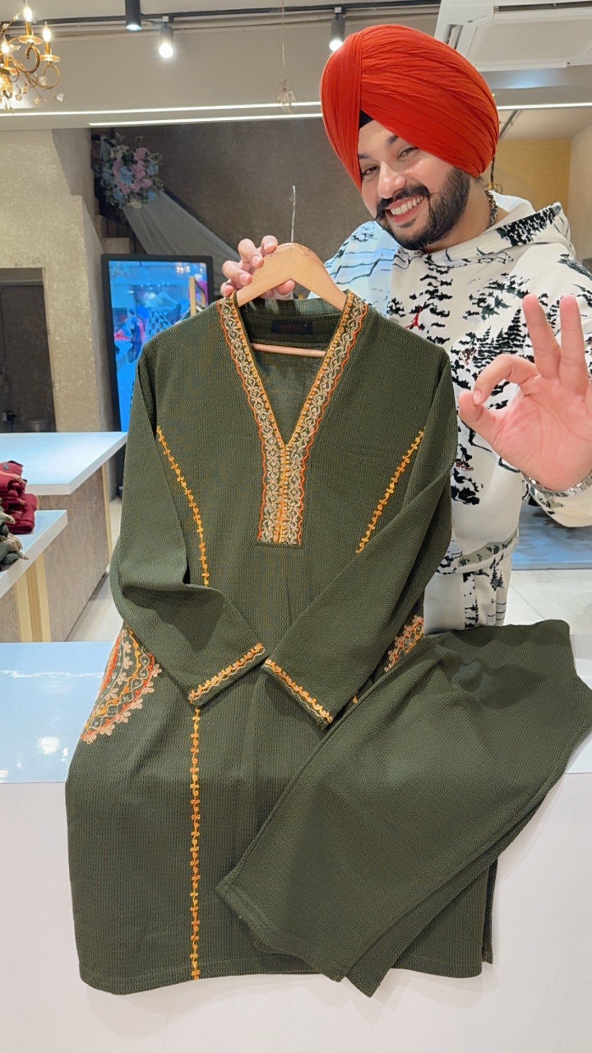 olive Green Woolen Kashmiri Embroidered Coord set