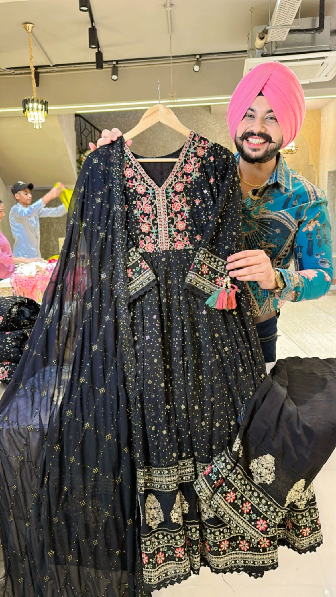 Black Georgette Fully embroidered Anarkali Suut with embroidered pants & Duppata