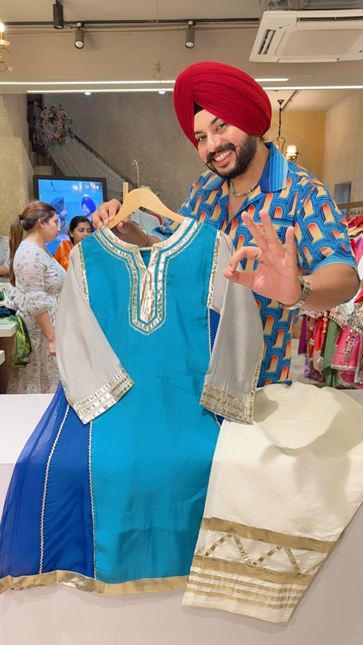 Light Firozi & Blue Soft Silk Celebrity Inspired Palum Gotta Patti Farshi Coord set