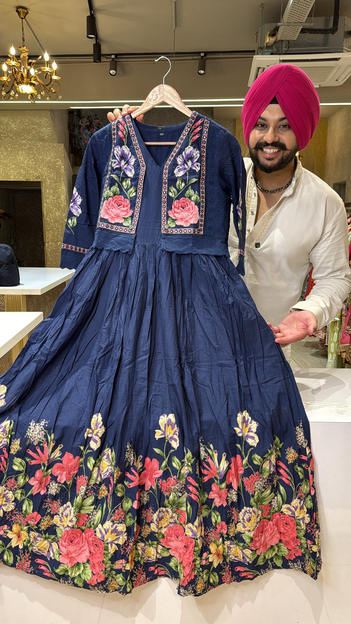 Dark Blue Pure Cotton Full Flair Indowestern Dress with stylish Embroidered Short jacket