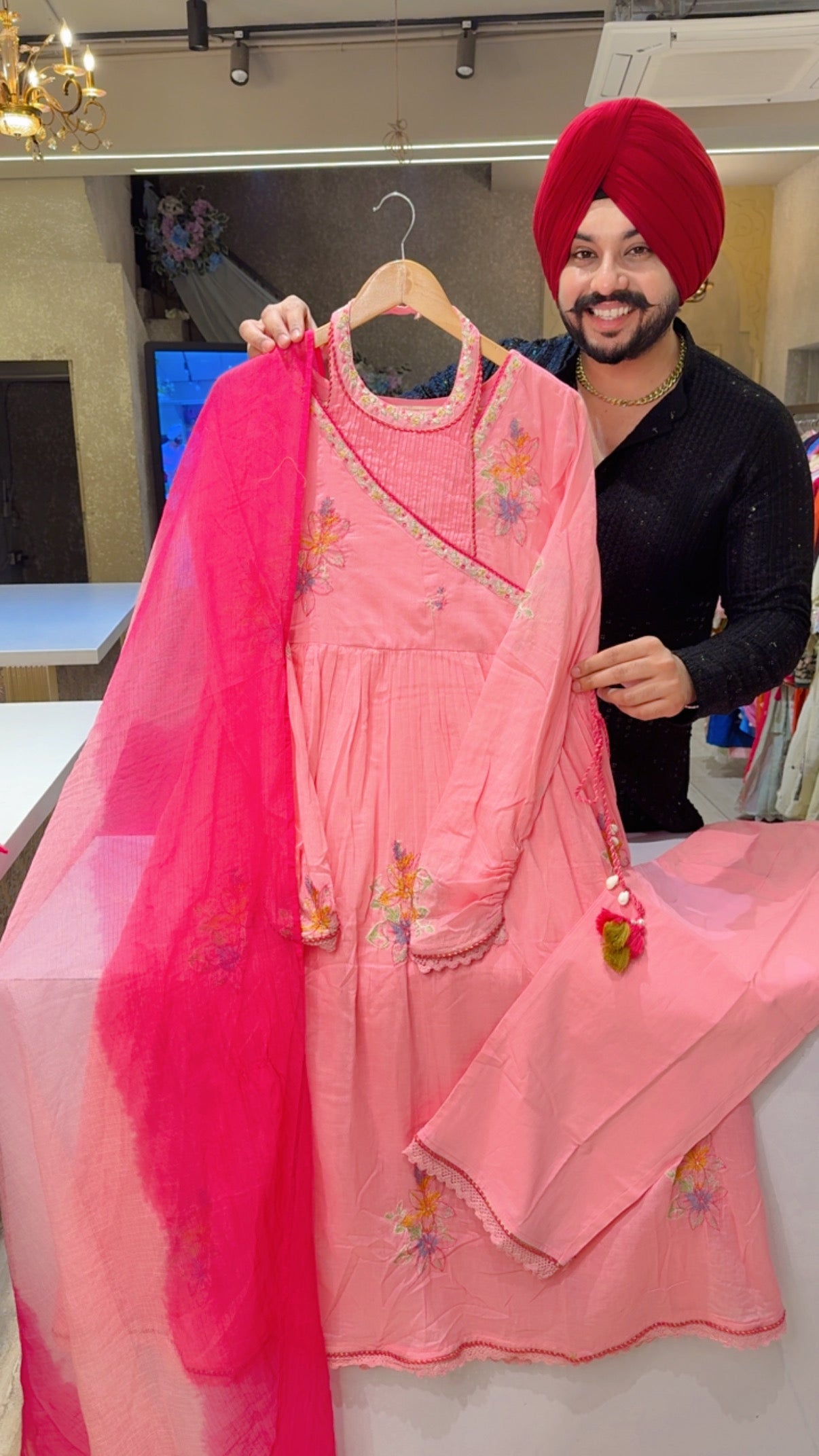 Pastel Pink Mal Cotton Designer Halter Neck Angrakha Embroidered Anarkali Suit with Tie & Dye Kota Doria Duppata