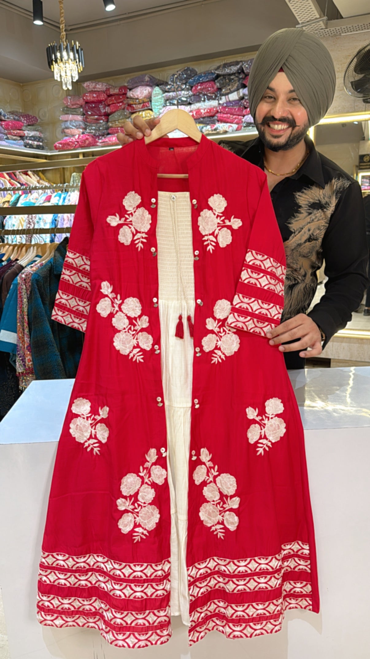 Off White Soft silk Indo western Dress with Stylish Silk Embroidered Anaari red Shrug