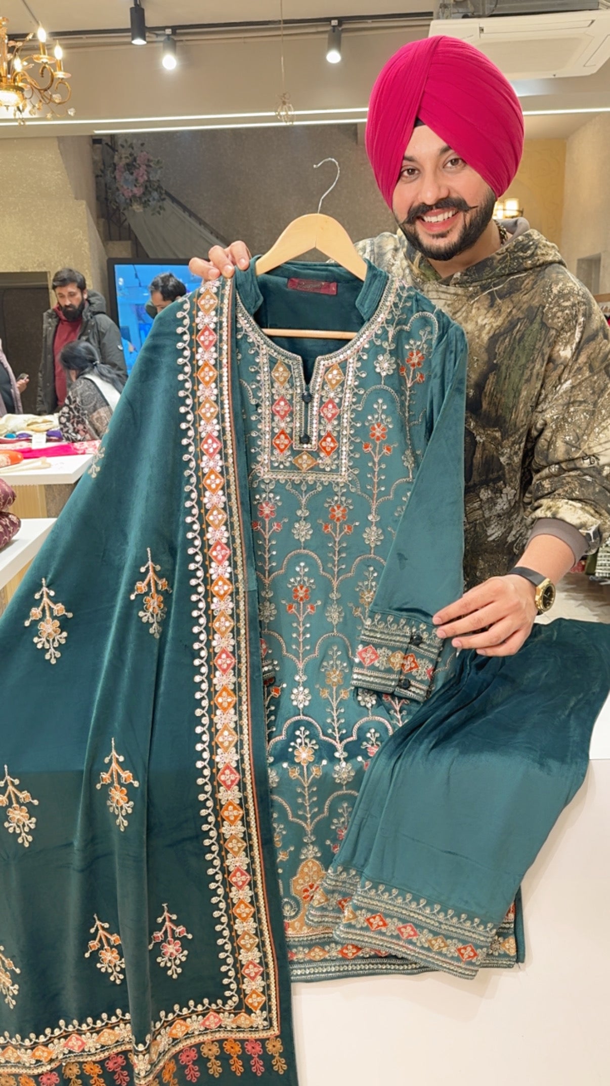 Dark RamaGreen Premium Strechable velvet Heavy embroidered Party wear Straight Suit with Beautiful Duppata