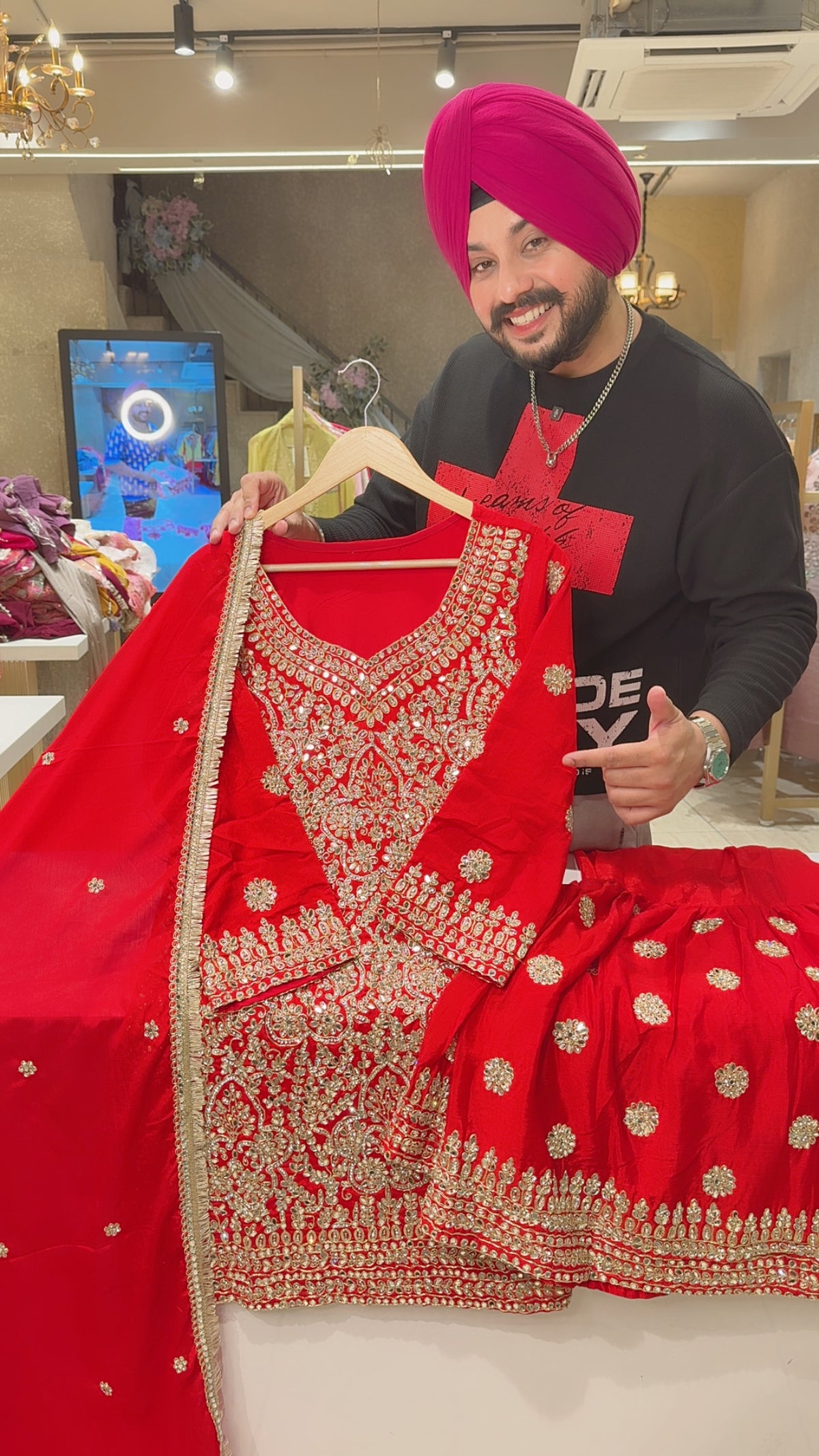 Red Fully Hand embroidered & Mirror Pasting Party Wear Garara Suit