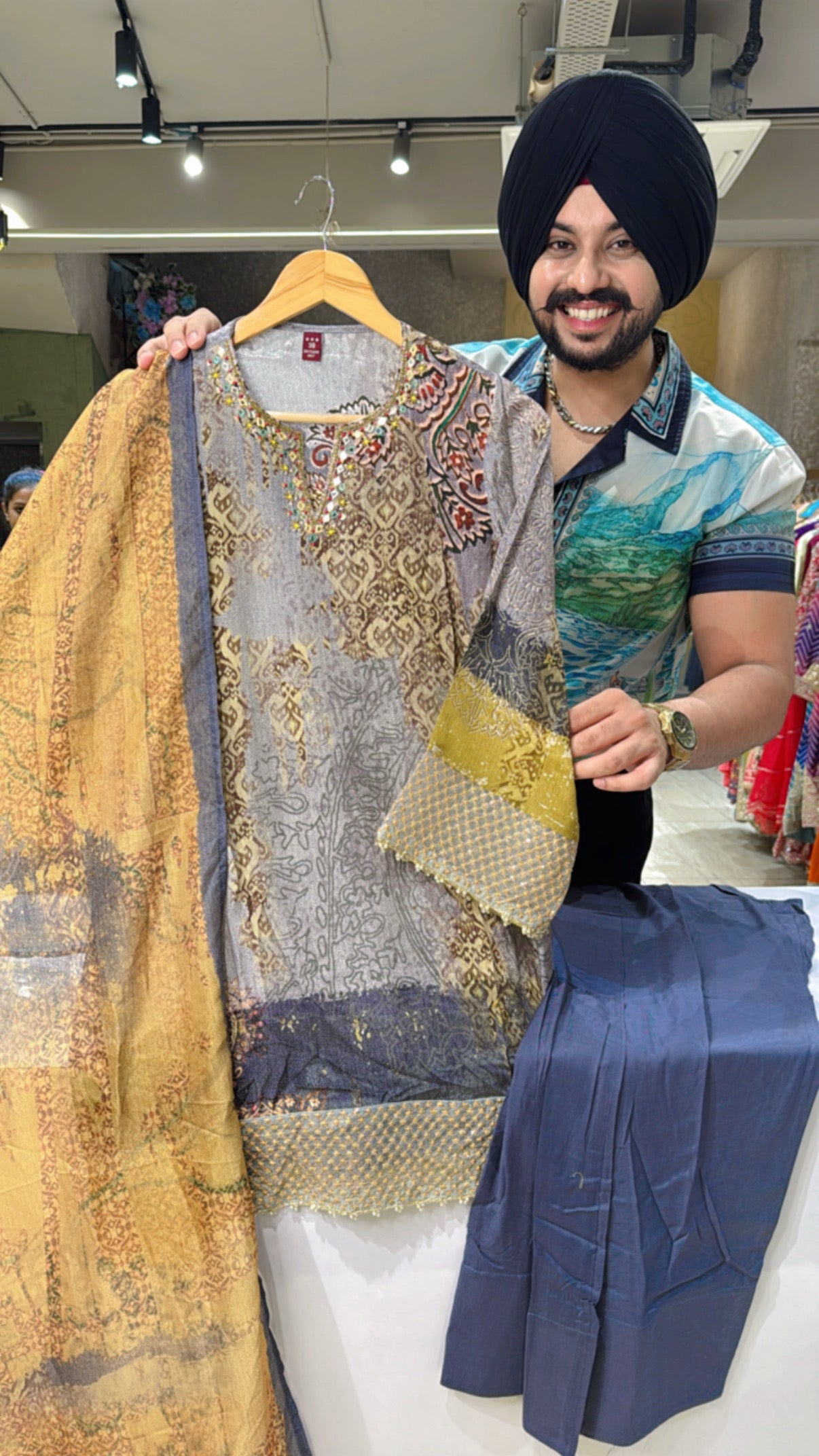 English Grey & Goldenish Mustard Crepe Indo Western Farshi Salwar Set with Beautiful Embroidery Work on it