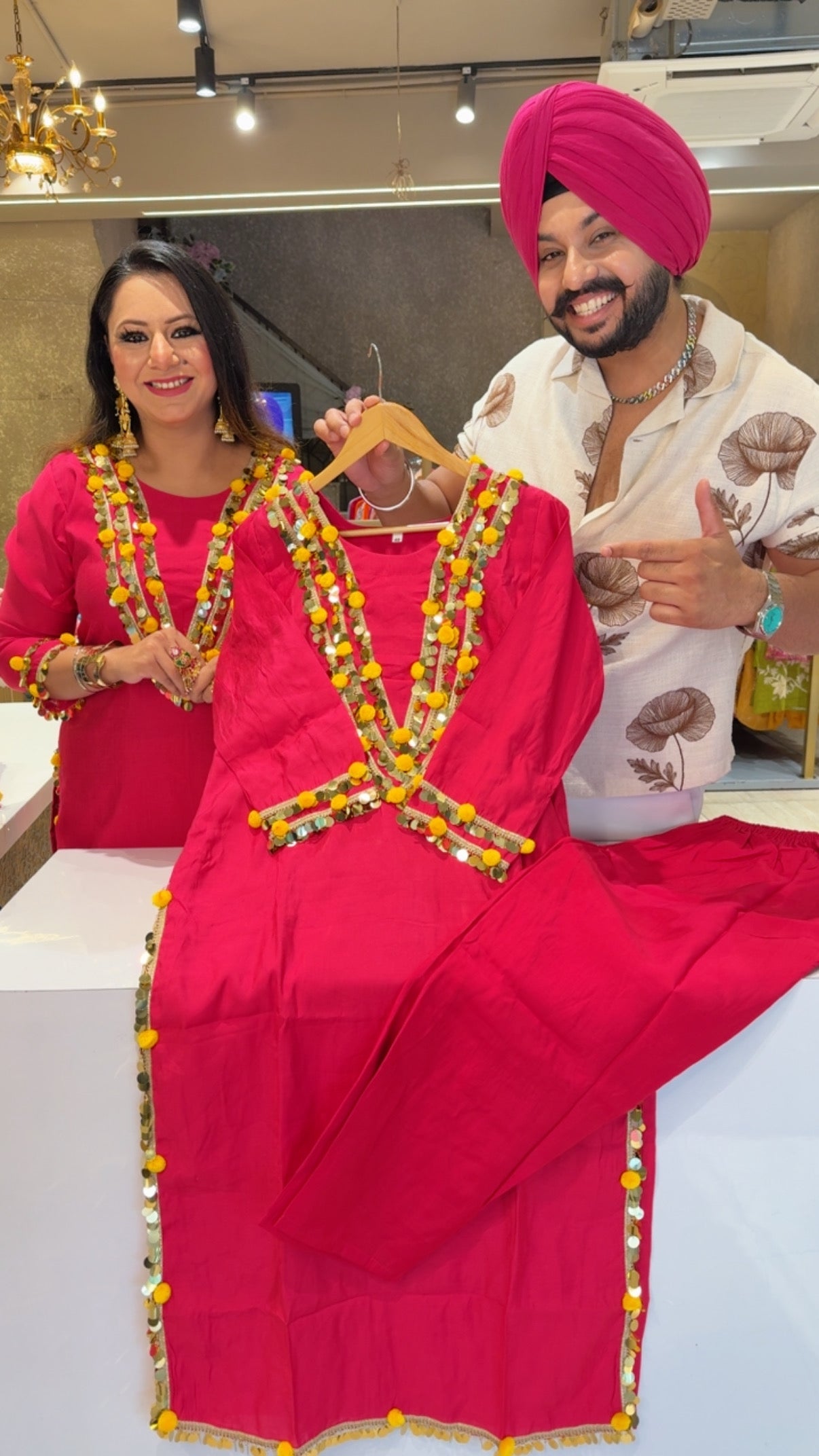 Rani Pink Mal Chanderi Heavy Sippi & Pom Pom Long Length Party Wear Coord set