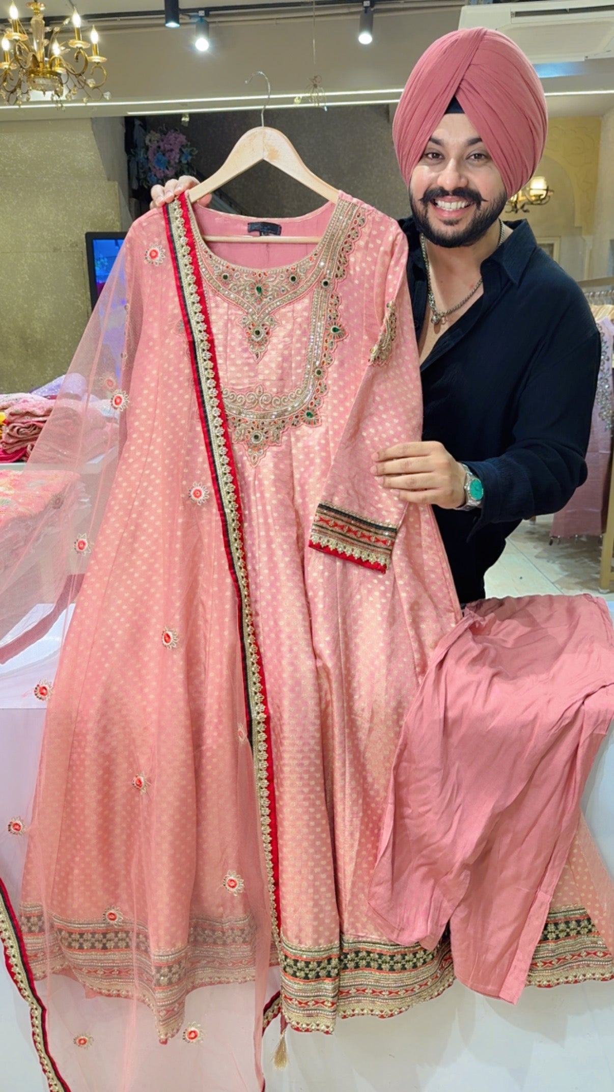 Pastel Pink Brocade Silk Heavy Stone Embroidered Party Anarkali Suit