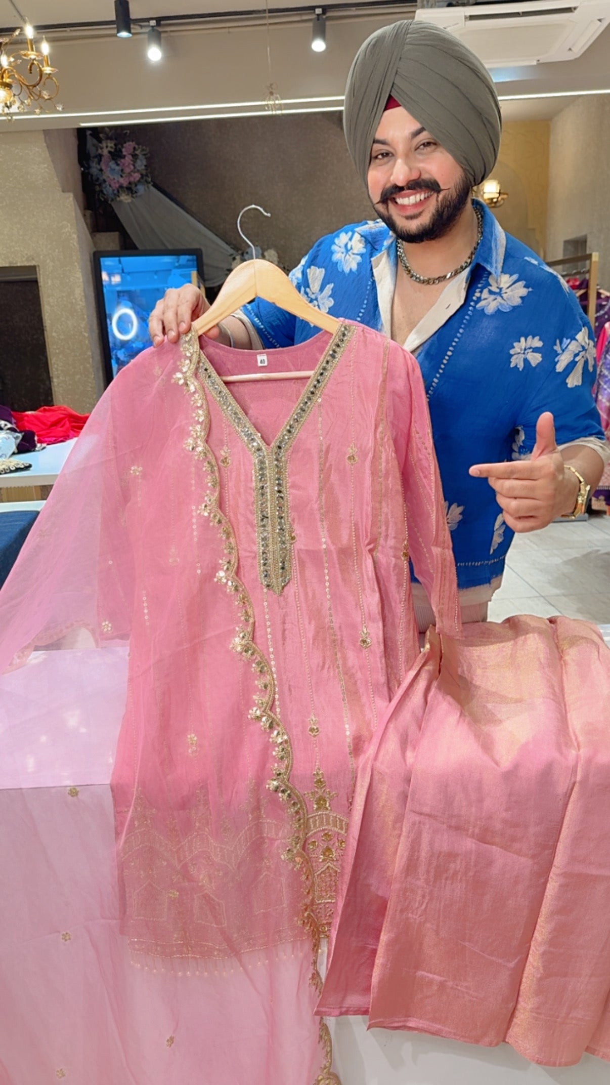 Pastel pink Shimmer silk Heavy Hand embroidered Indowestern Plazo suit with Organza Duppata
