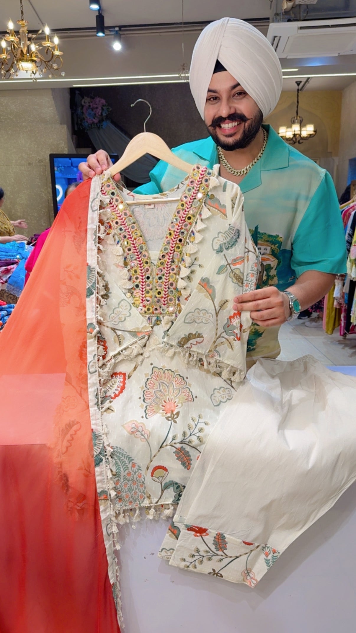 Off white Kora cotton Mirror & Tassels Work Farshi Salwar Indo western suit with Beautiful Duppata