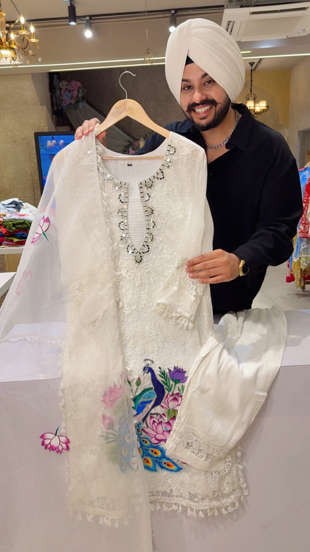 Moon White Georgette Peacock print Heavy Crochet & Mirror work Party Wear Suit with Hand painted Organza Duppata