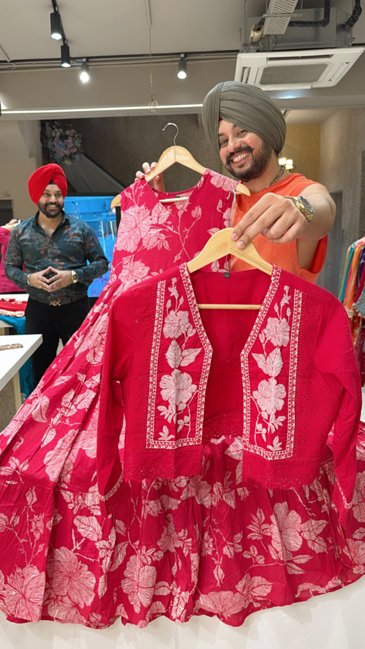 Rani pink Pure Cotton Full Flair Indo Western Dress with embroidered Short Jacket