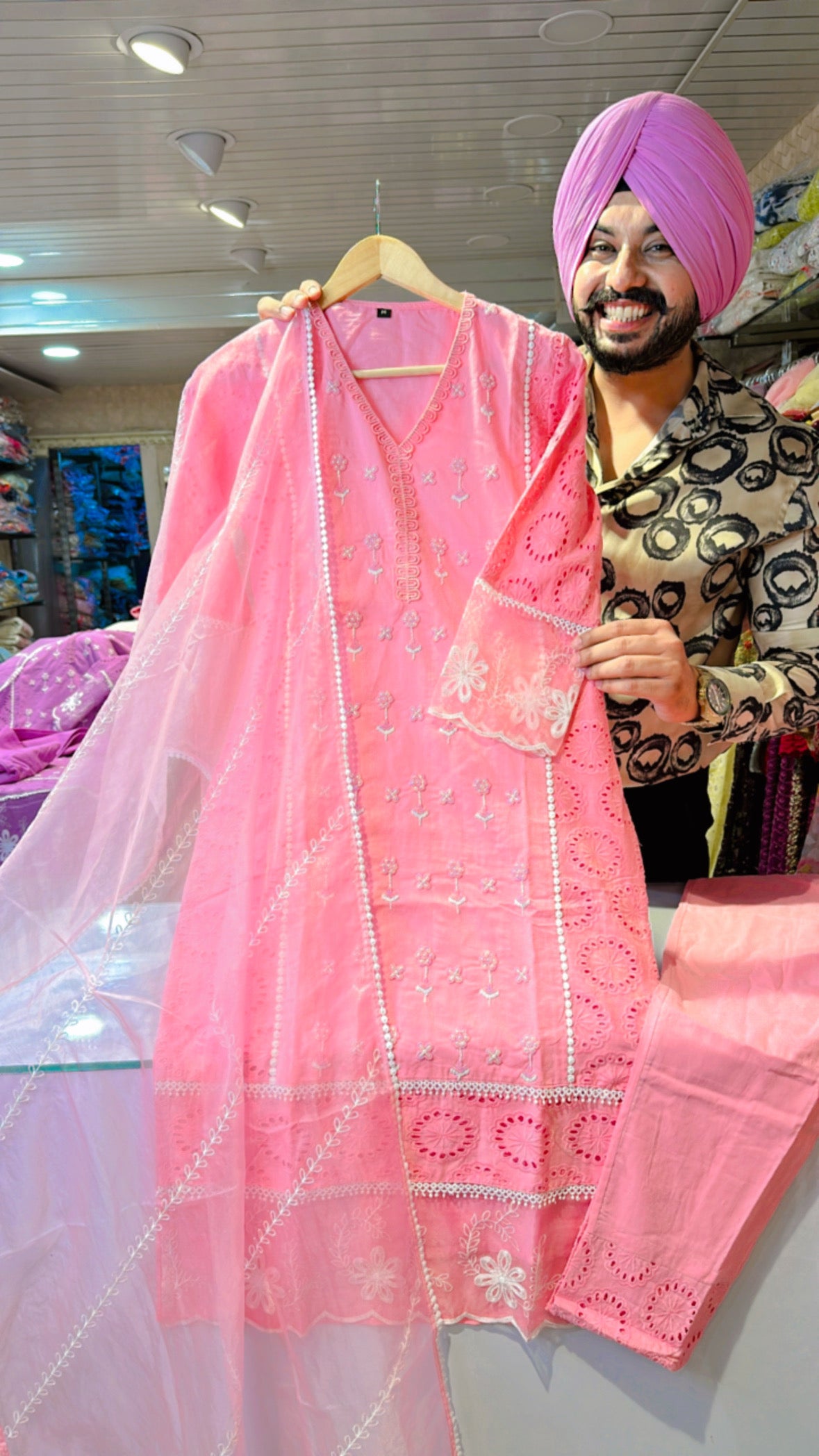 Pink pure Cotton Fully Hand Embroidered Straight Suit with beautiful Organza Duppata