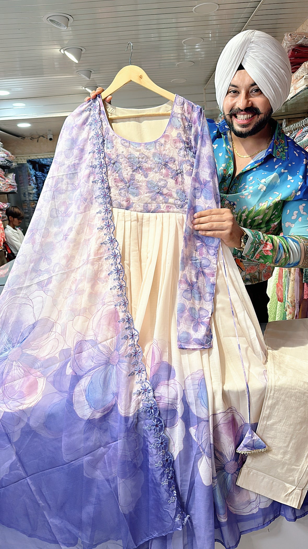 purple & Cream Chiffon Anarkali suit with Beautiful Embroidery Work on neck & organza Duppata