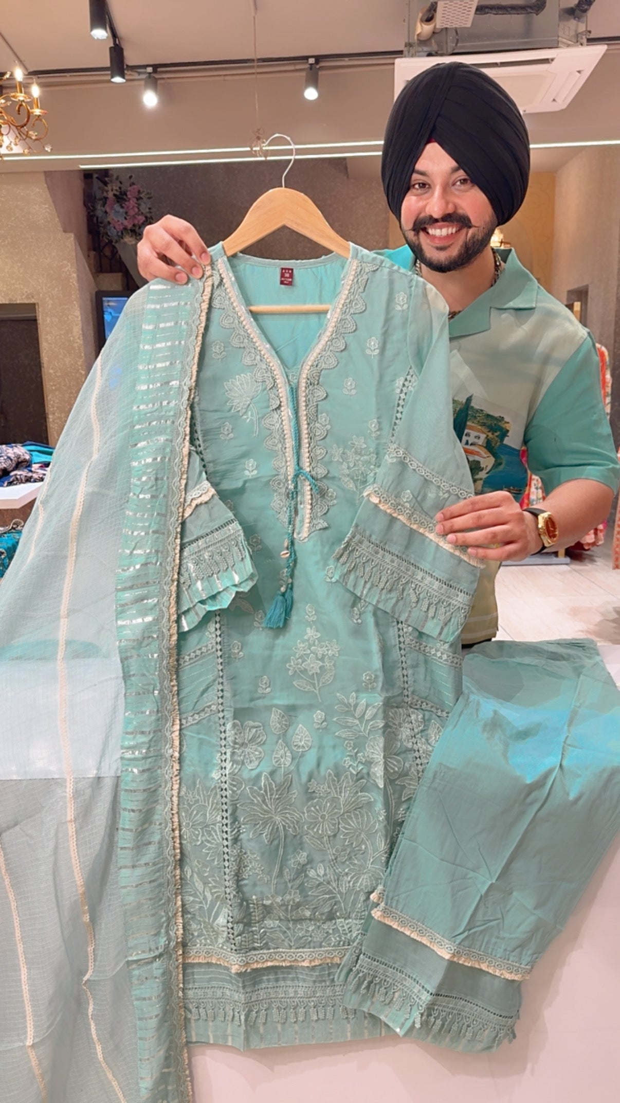 Light Sea Green Soft Organza Heavy embroidered & Crochet Work Kashmiri Suit with Kota Doria Duppata
