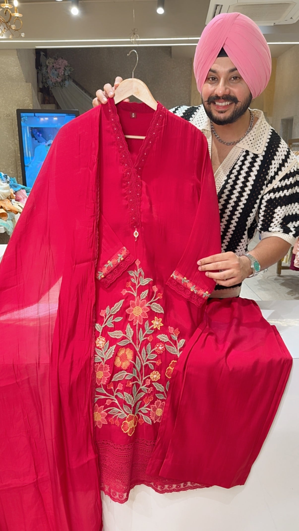 Rani pink Mal Chanderi Floral Print Semi Formal Suit