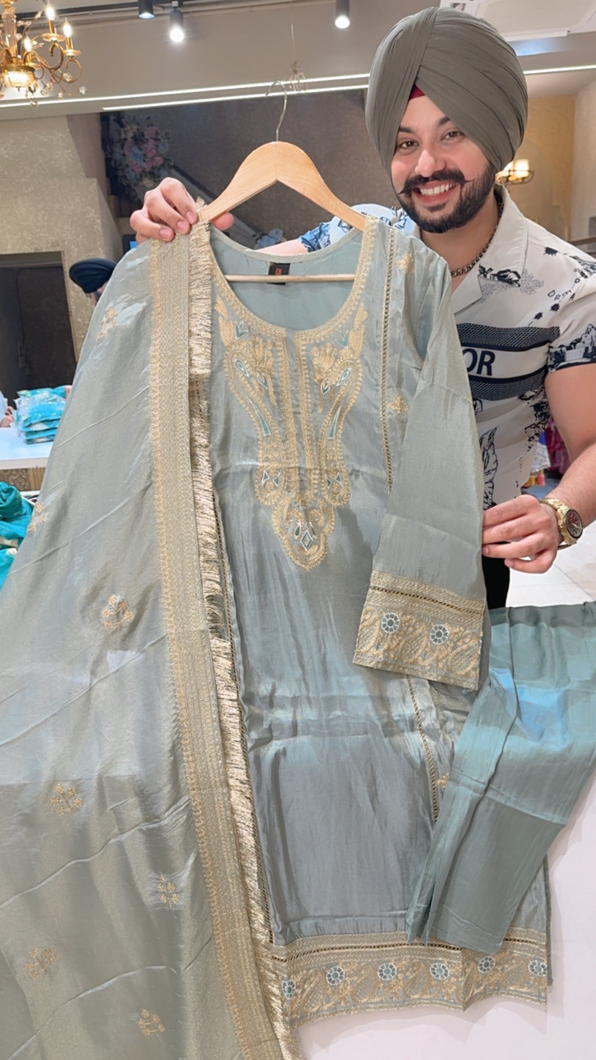 English Grey Shimmer Silk Heavy Embroidered Straight Suit with Beautiful Embroidered & Kiran Lace Duppata