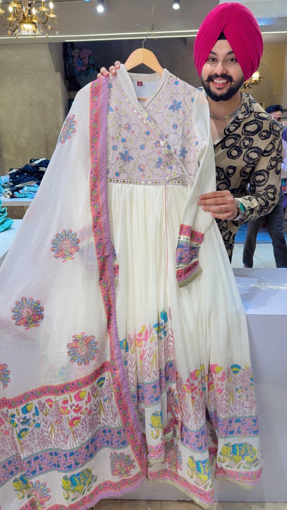 Moon White & Mauve Mal Cotton Angrakha overlap slit Embroidered Full Flair Anarkali Gown With Beautiful Duppata