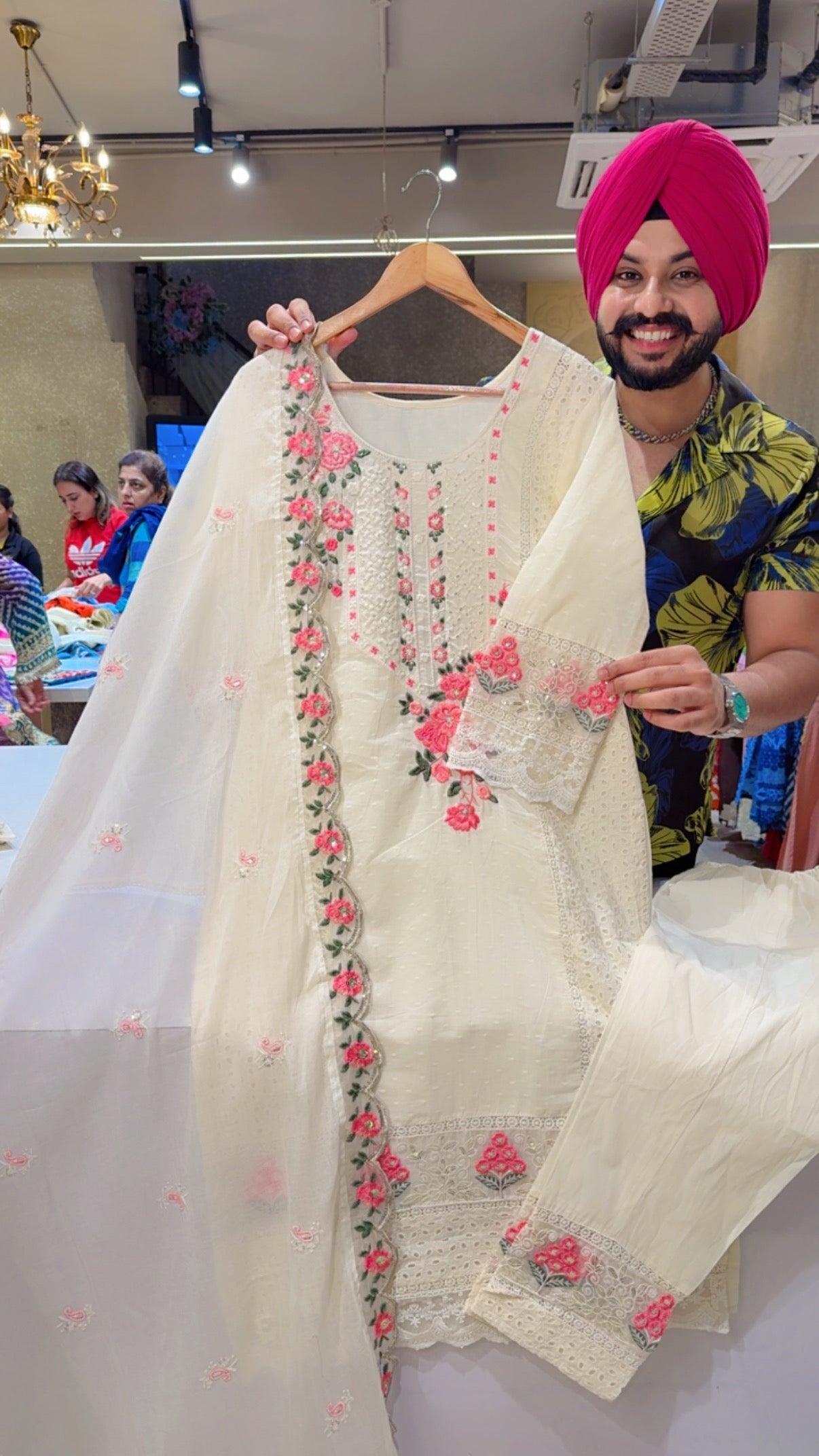 Off White & Pink Kora Cotton Beautiful Embroidered & Shifli Work Royal Straight Suit