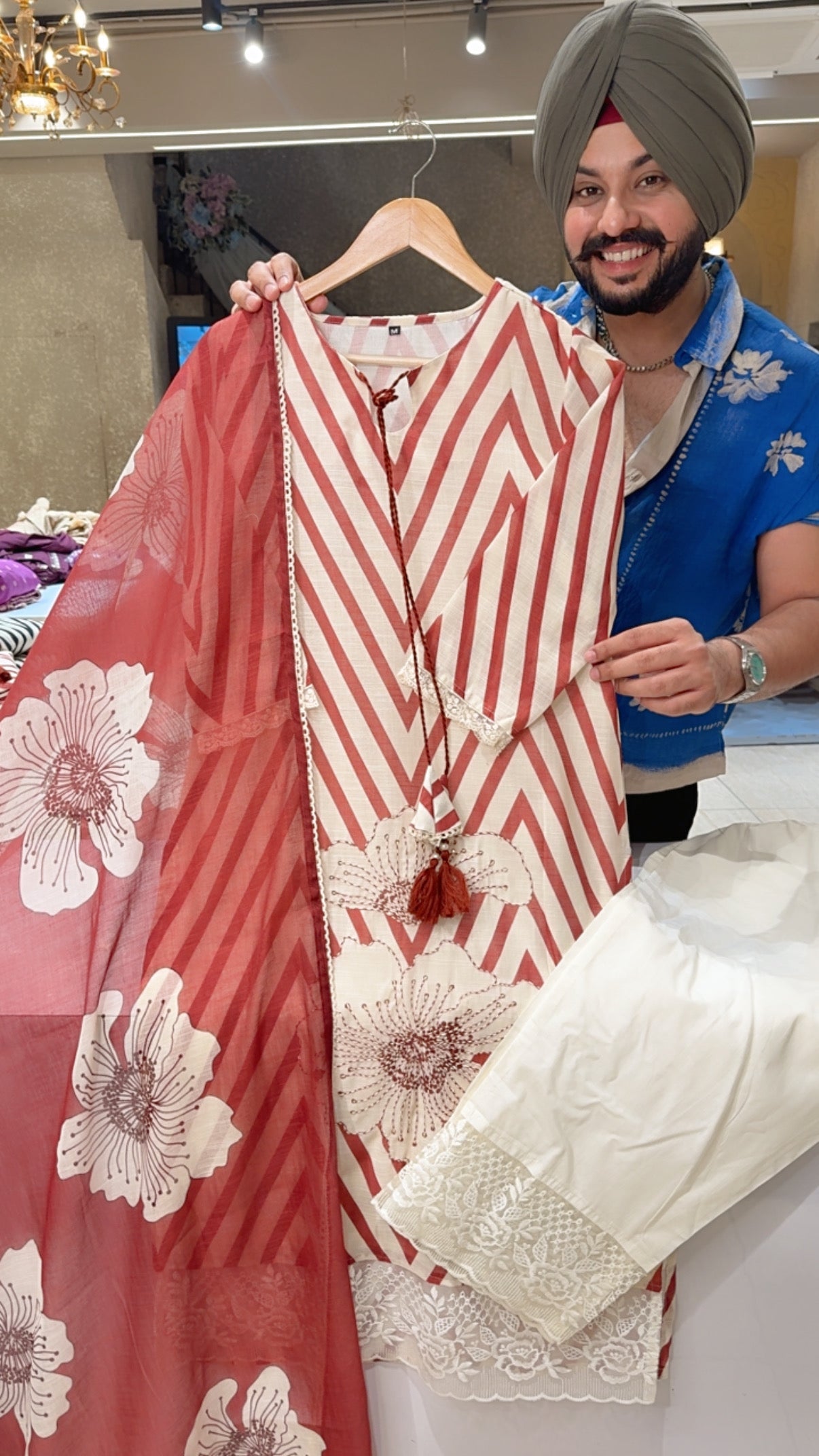 Cream & Deep Rust Geometrical Print Embroidered Straight Suit With Beautiful Floral Print Duppata