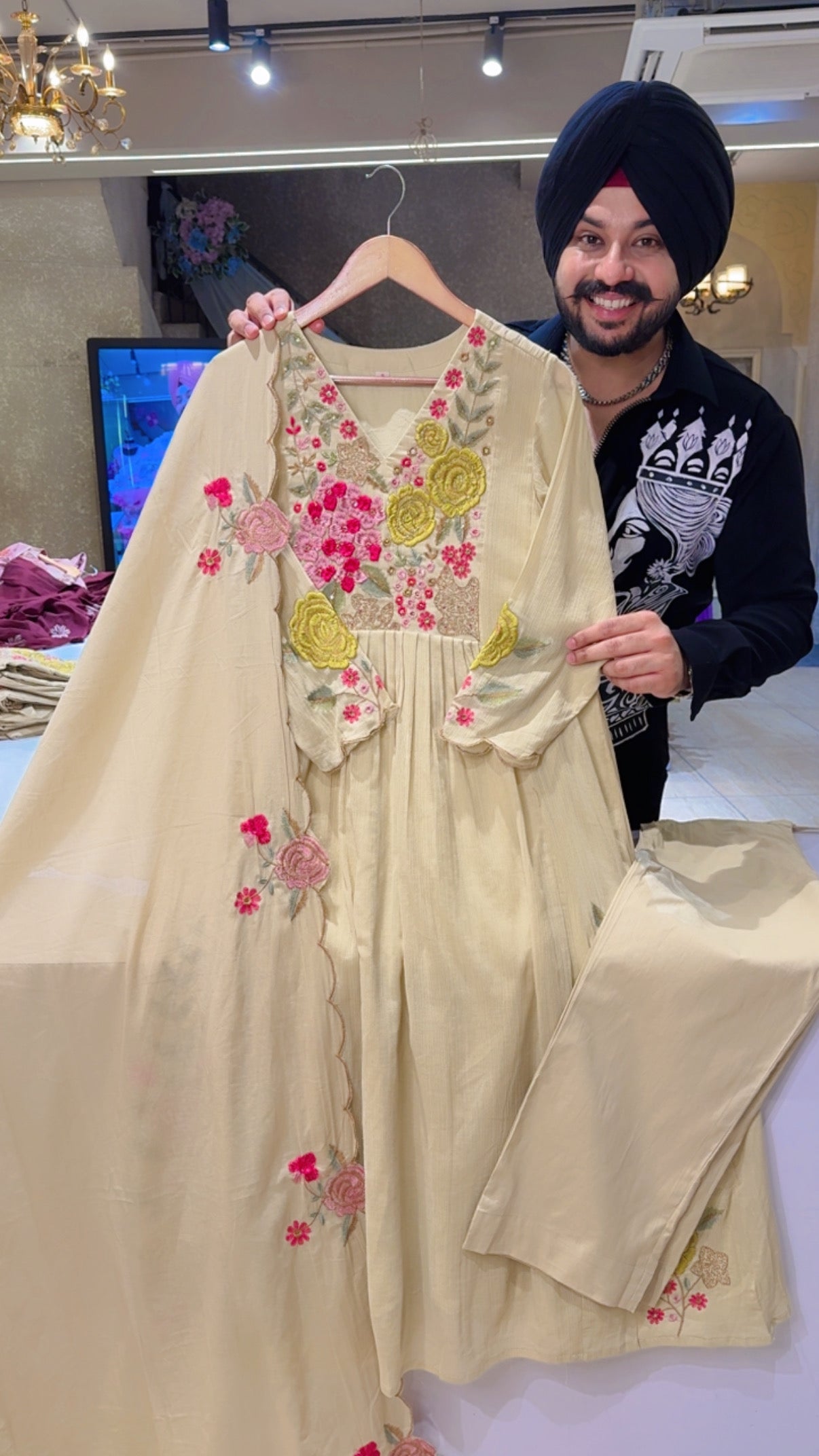 Light Biege Crush Mal Floral Embroidered Beautiful Anarkali Suit